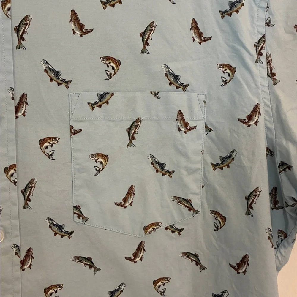 J Crew Mercantile Flex Shirt Bass Fish Printed Button Front Short Sleeve Shirt L